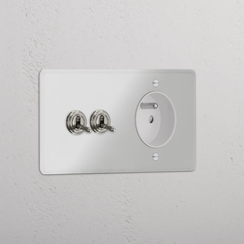 Kew Double 2x Toggle & French/Belgian Type E Socket - Clear Polished Nickel | White