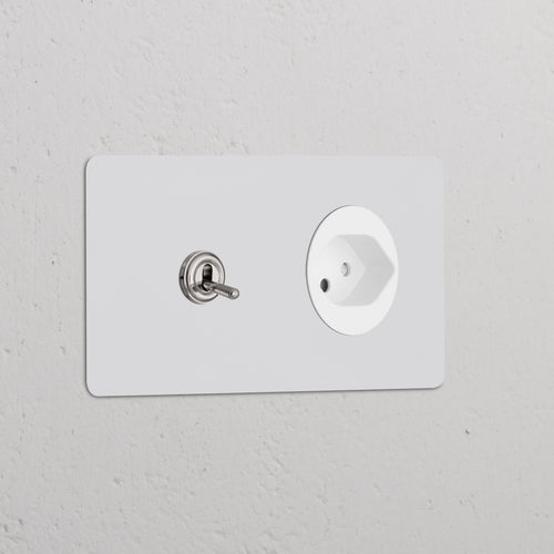 Kew Double Toggle Switch & Swiss Type J Socket - Paintable Polished Nickel | White
