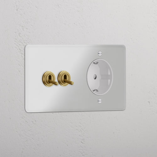 Kew Double 2x Toggle & Schuko Type F Socket - Clear Antique Brass | White