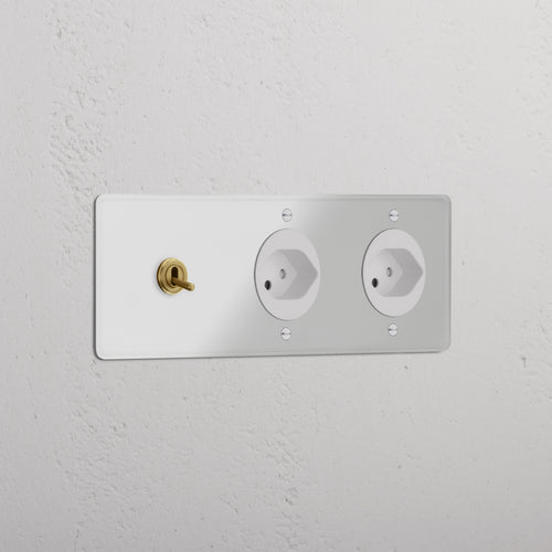 Kew Triple Toggle & 2x Swiss Type J Socket - Clear Antique Brass | White