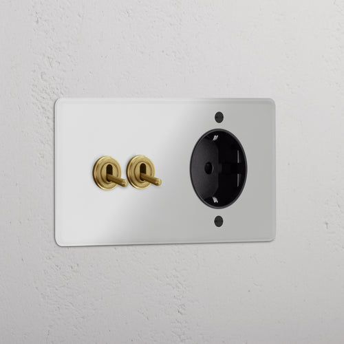 Kew Double 2x Toggle & Schuko Type F Socket - Clear Antique Brass | Black