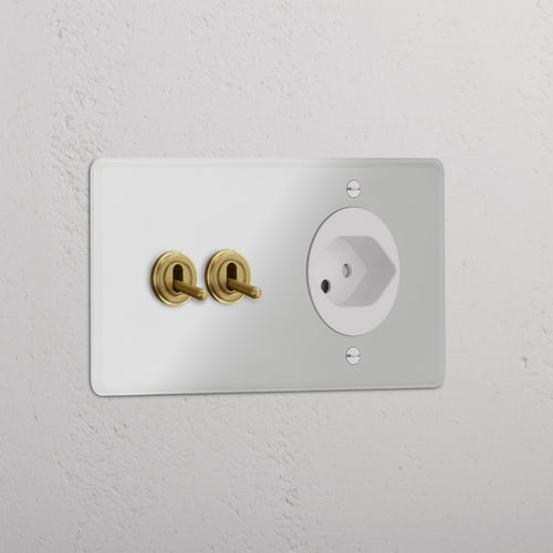 Kew Double 2x Toggle & Swiss Type J Socket - Clear Antique Brass | White