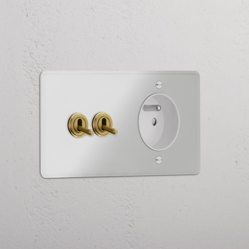 Kew Double 2x Toggle & French/Belgian Type E Socket - Clear Antique Brass | White